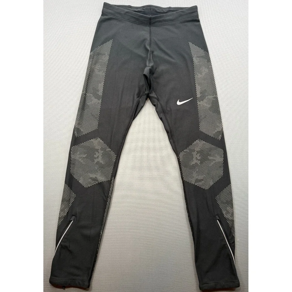 Nike Dri-FIT Running Tights Black Reflective Dot Zip Ankle | Women's Medium